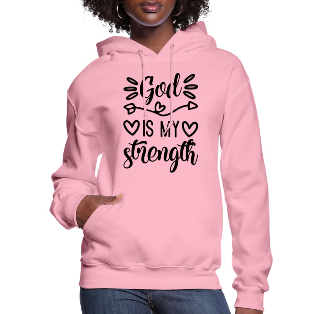 Black Women's Hoodie with 'God is my Strength' printed design, featuring a drawstring hood and ribbed cuffs.