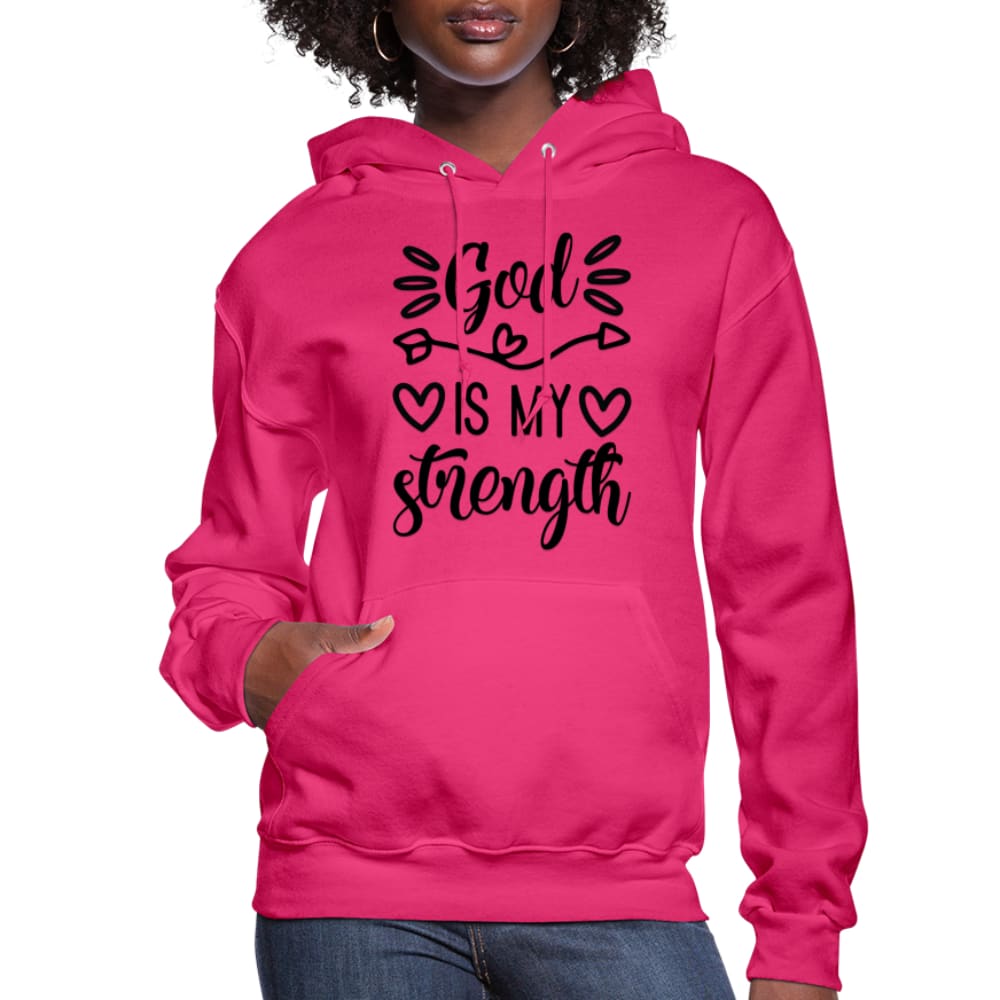 Black Women's Hoodie with 'God is my Strength' printed design, featuring a drawstring hood and ribbed cuffs.