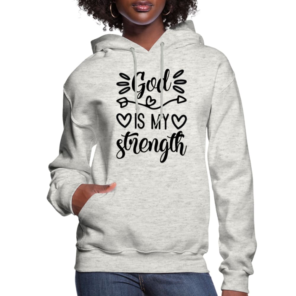 Black Women's Hoodie with 'God is my Strength' printed design, featuring a drawstring hood and ribbed cuffs.