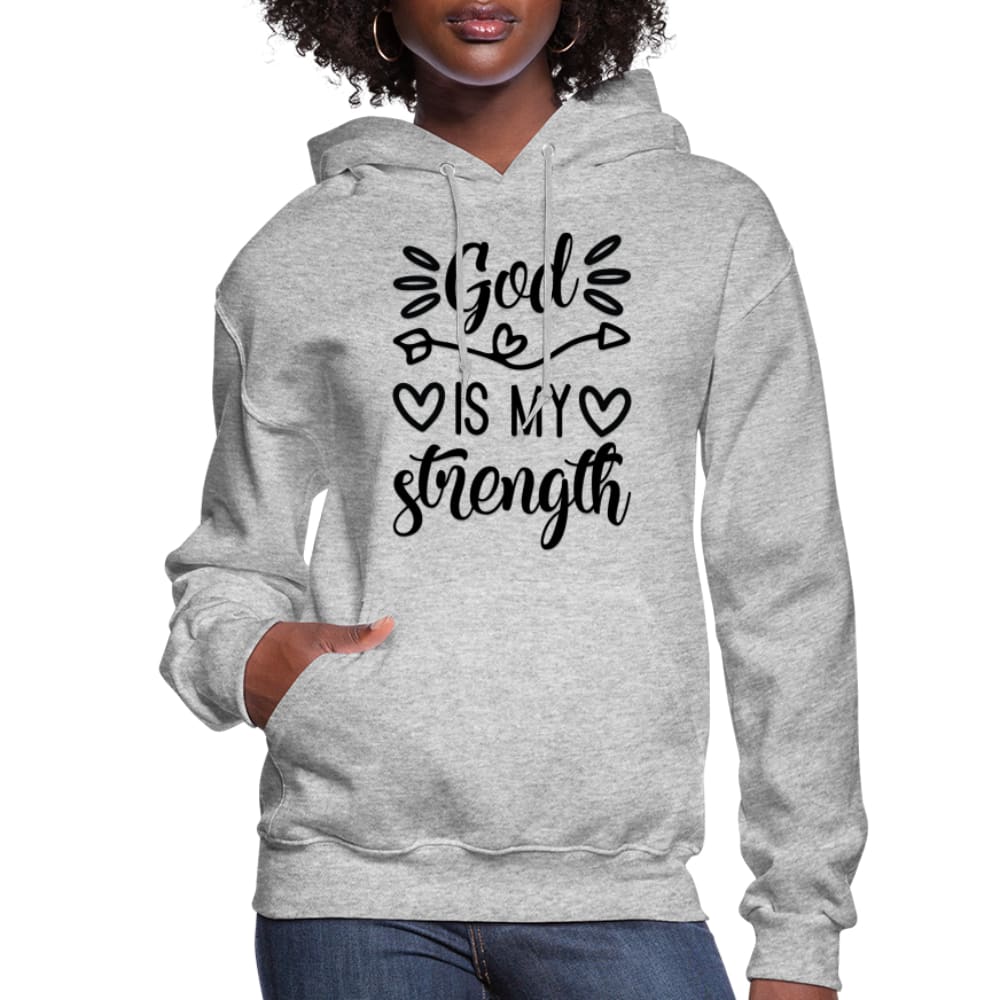 Black Women's Hoodie with 'God is my Strength' printed design, featuring a drawstring hood and ribbed cuffs.