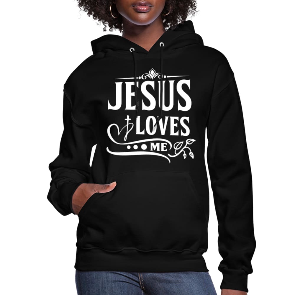 A cozy women's hoodie featuring the text 'Jesus Loves' with an adjustable drawstring hood and ribbed cuffs.