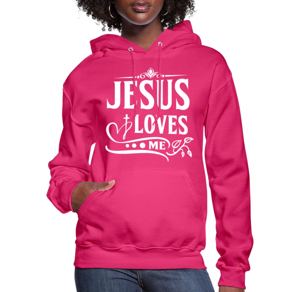 A cozy women's hoodie featuring the text 'Jesus Loves' with an adjustable drawstring hood and ribbed cuffs.