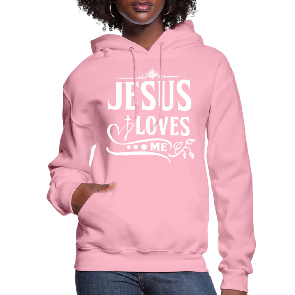 A cozy women's hoodie featuring the text 'Jesus Loves' with an adjustable drawstring hood and ribbed cuffs.