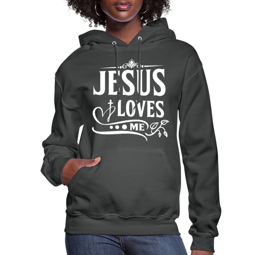 A cozy women's hoodie featuring the text 'Jesus Loves' with an adjustable drawstring hood and ribbed cuffs.