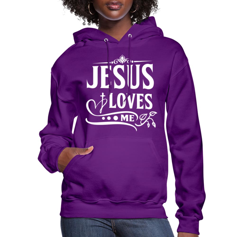 A cozy women's hoodie featuring the text 'Jesus Loves' with an adjustable drawstring hood and ribbed cuffs.