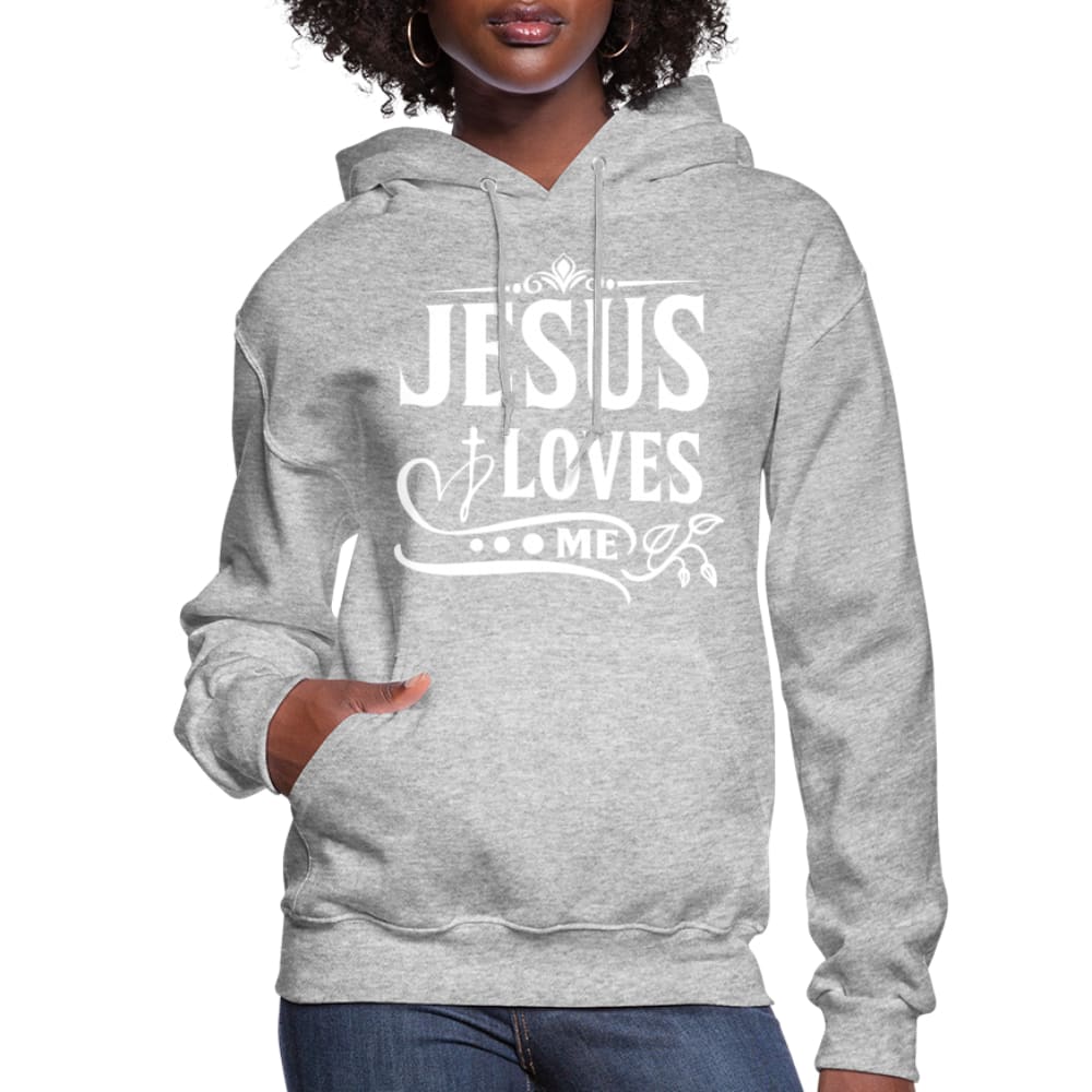 A cozy women's hoodie featuring the text 'Jesus Loves' with an adjustable drawstring hood and ribbed cuffs.