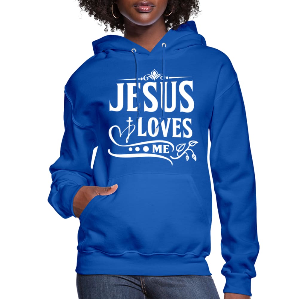 A cozy women's hoodie featuring the text 'Jesus Loves' with an adjustable drawstring hood and ribbed cuffs.