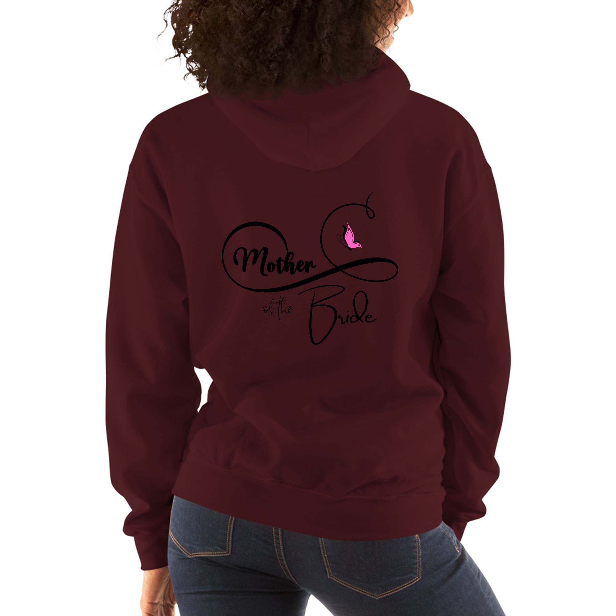 Women's hoodie in wedding bridal pink featuring a butterfly illustration, designed for the mother of the bride.