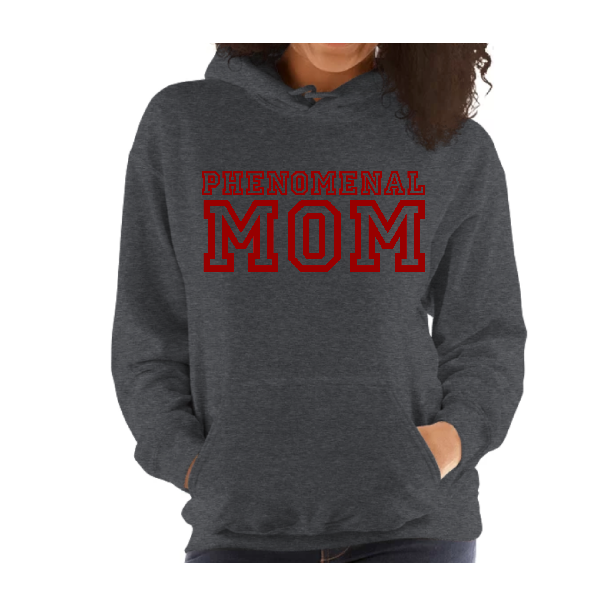 A comfortable red hoodie with 'Phenomenal Mom' graphic print, perfect for casual wear.