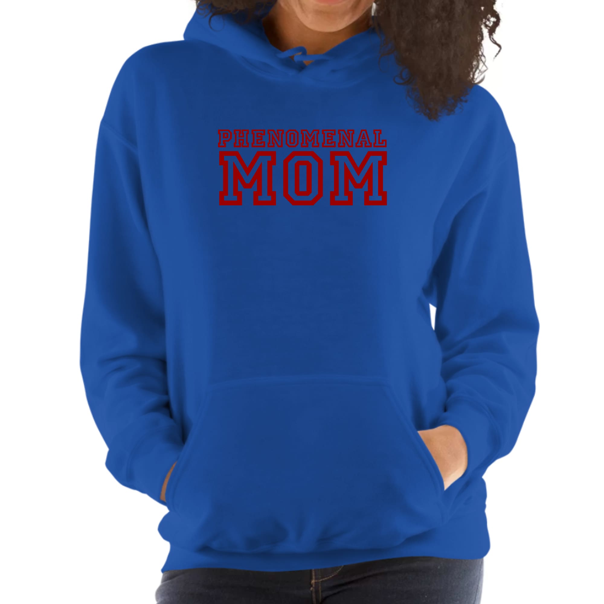 A comfortable red hoodie with 'Phenomenal Mom' graphic print, perfect for casual wear.