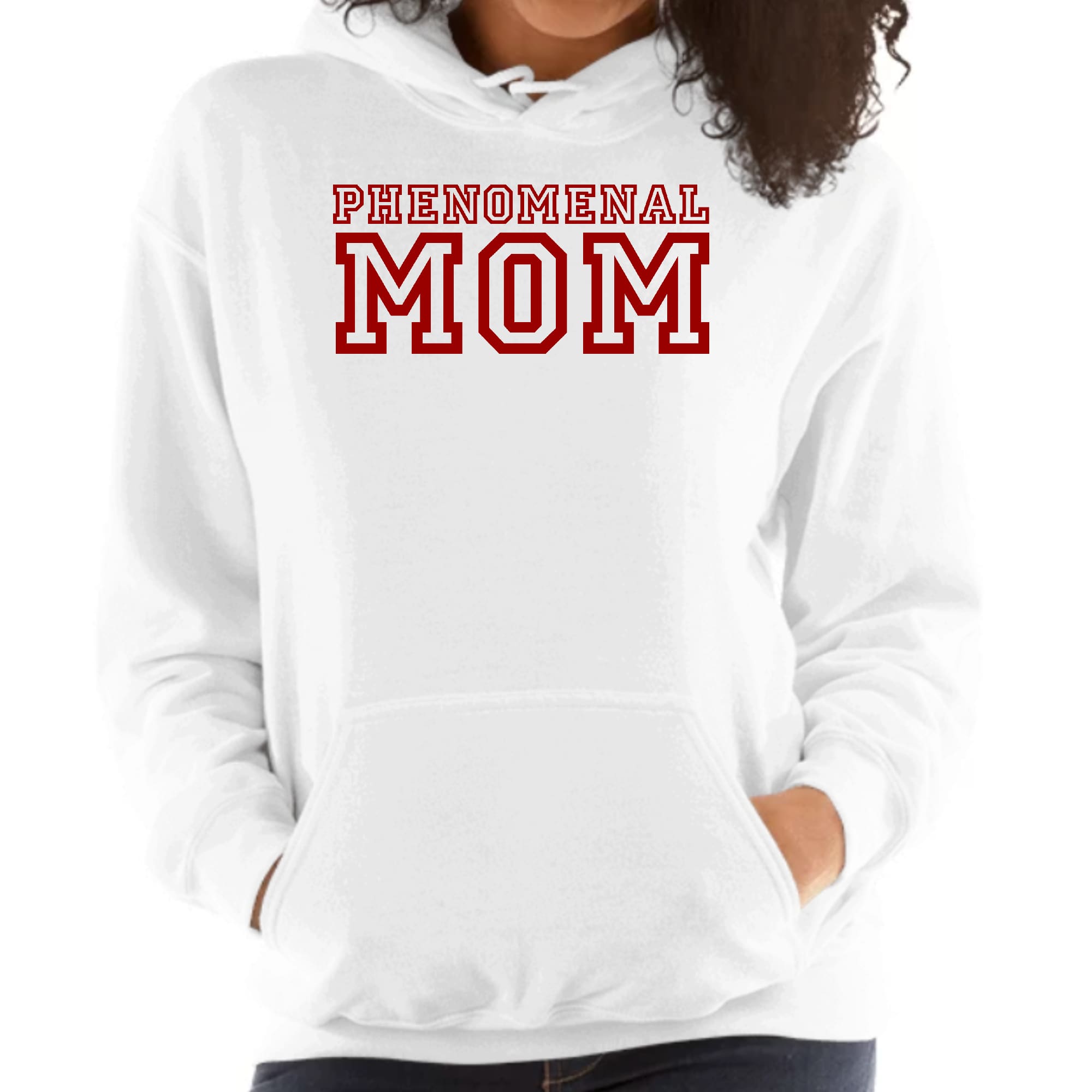 A comfortable red hoodie with 'Phenomenal Mom' graphic print, perfect for casual wear.