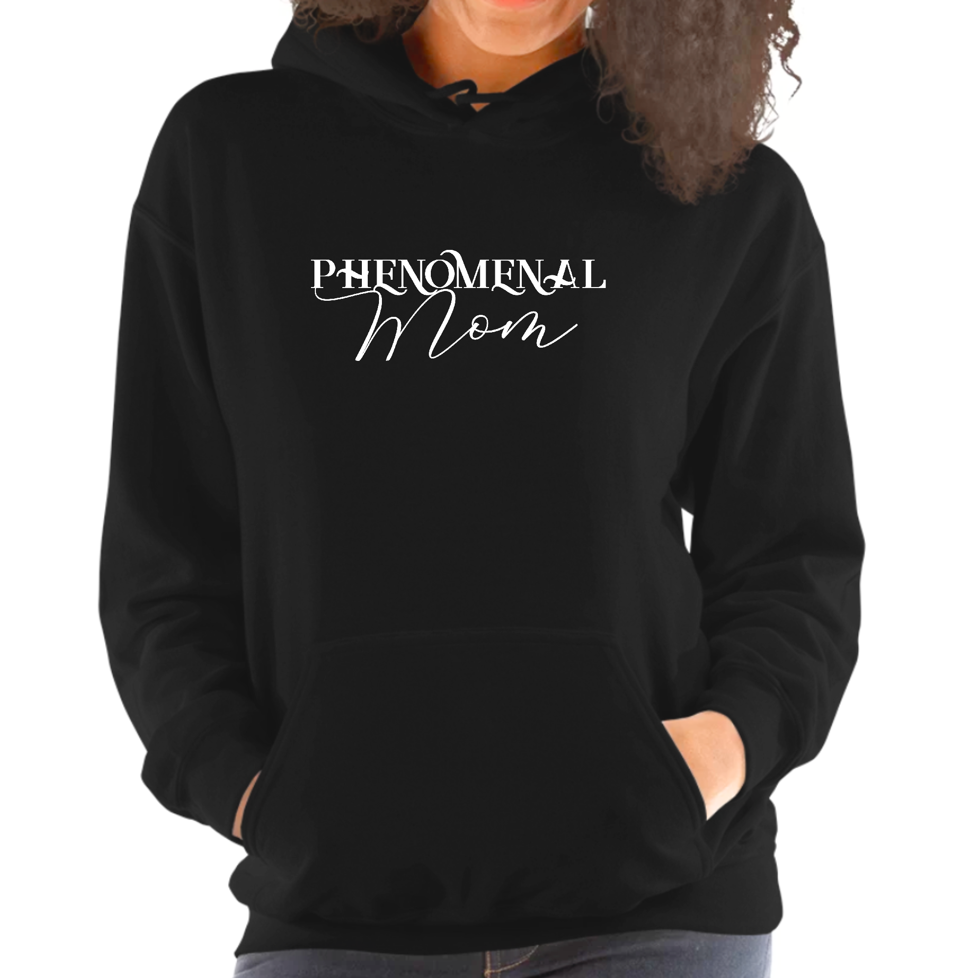 A stylish women's hoodie featuring a white print that says 'Phenomenal Mom', designed for comfort and creativity.