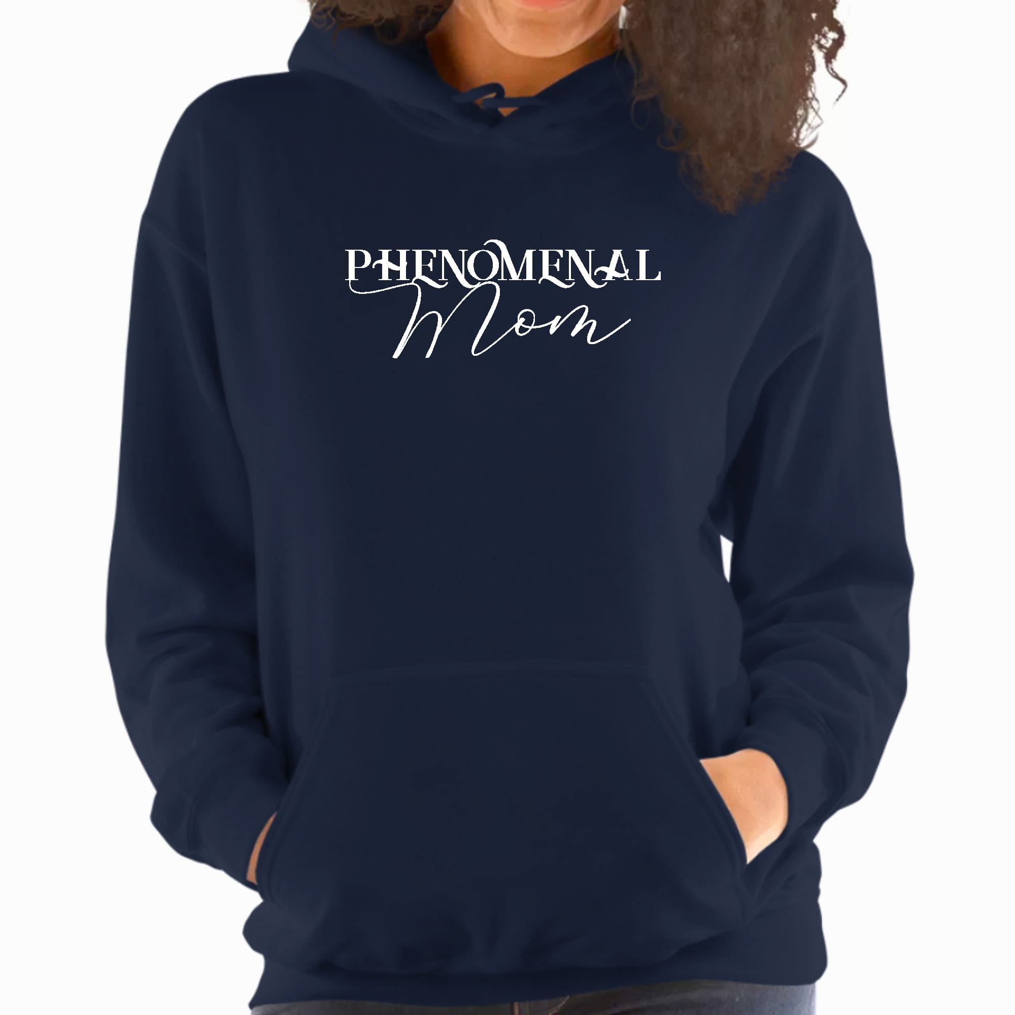 A stylish women's hoodie featuring a white print that says 'Phenomenal Mom', designed for comfort and creativity.