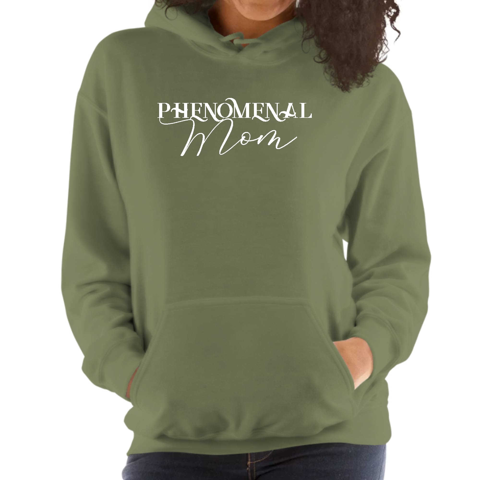 A stylish women's hoodie featuring a white print that says 'Phenomenal Mom', designed for comfort and creativity.