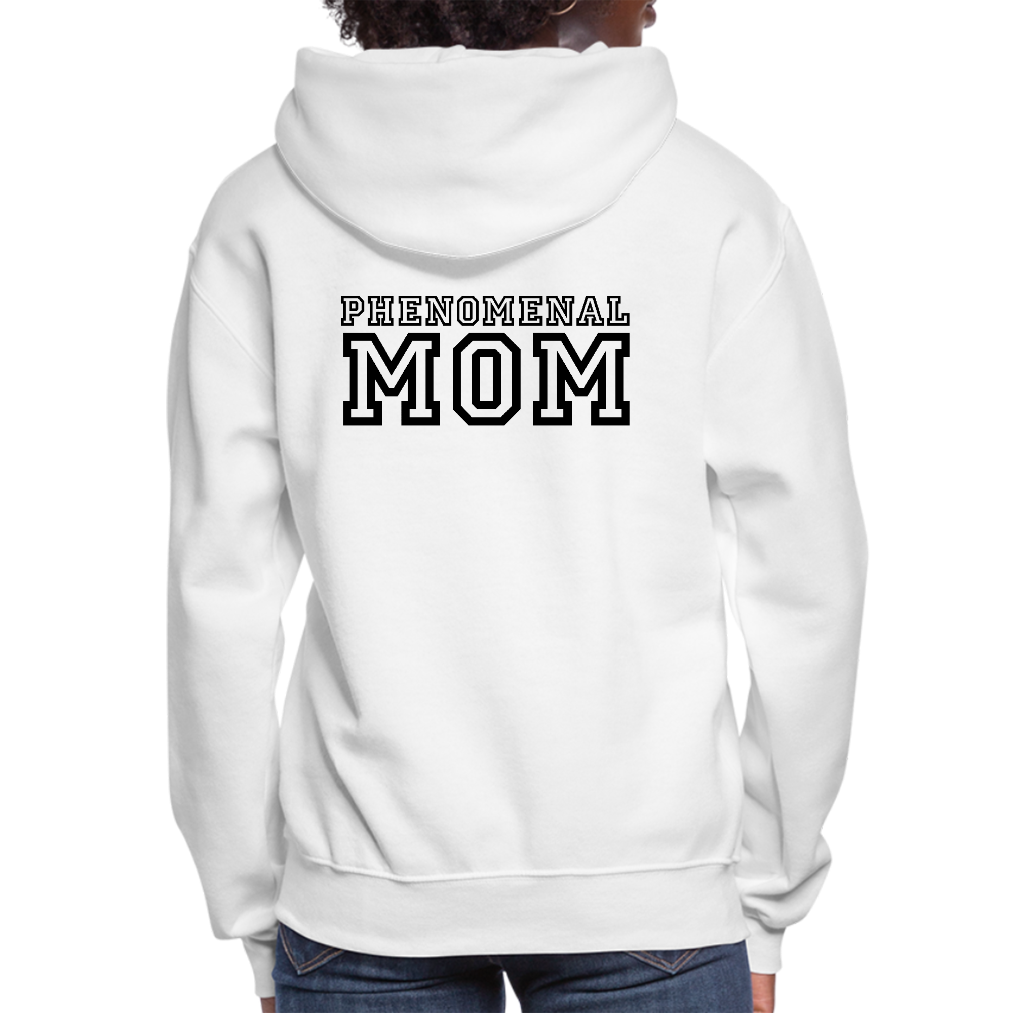 A stylish women's hoodie featuring a 'Phenomenal Mom' graphic print, designed for comfort and creativity.