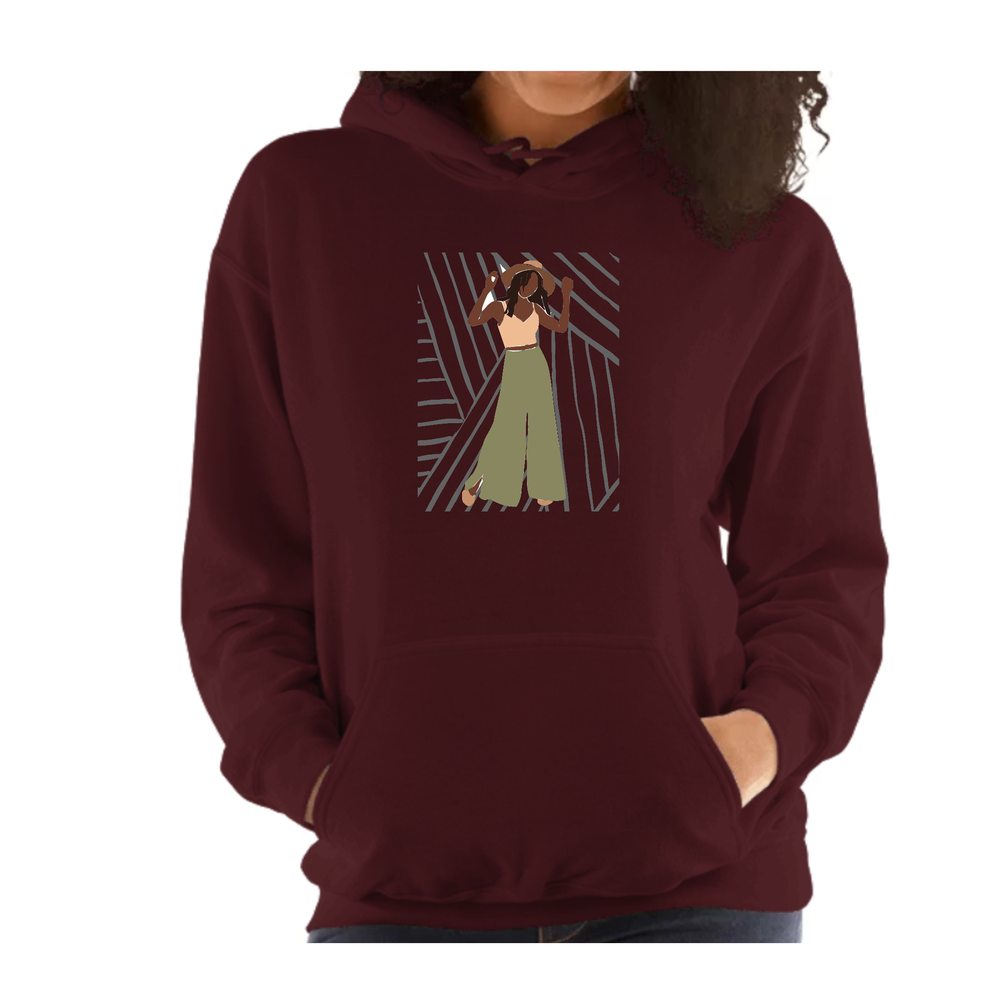 A stylish unisex graphic hoodie featuring the phrase 'Say it Soul, its Her Groove Thing', showcasing its soft fabric and drawstring neckline.