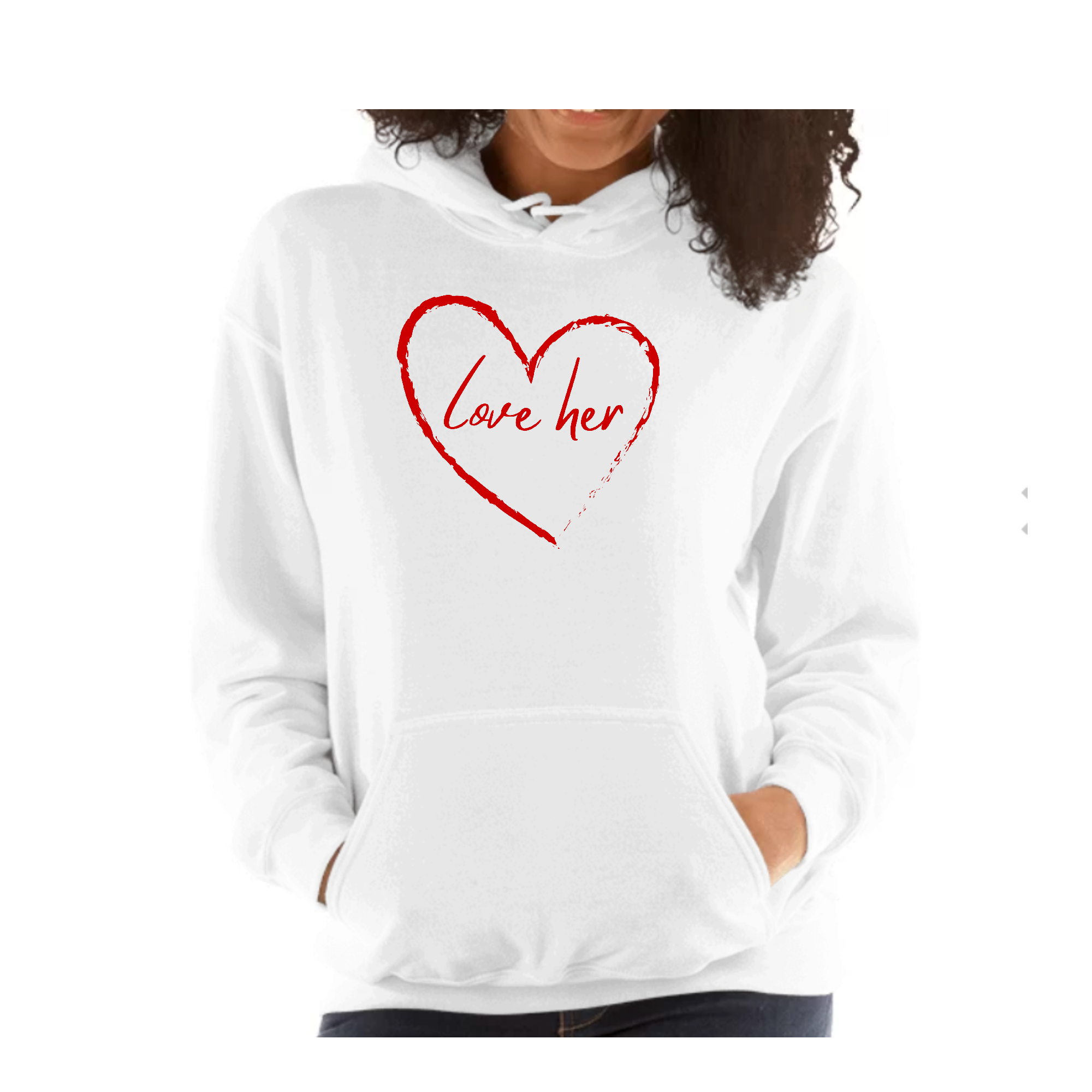 A vibrant red unisex graphic hoodie featuring the text 'Say it Soul Love Her', showcasing its soft fabric and drawstring neckline.