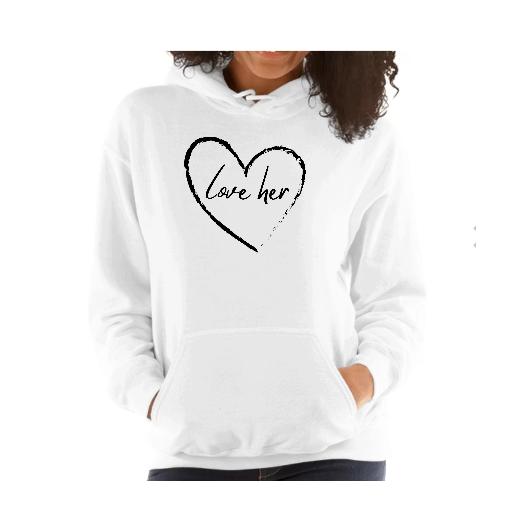 A stylish unisex graphic hoodie in soft fabric featuring the text 'Say it Soul Love Her' with a drawstring neckline.