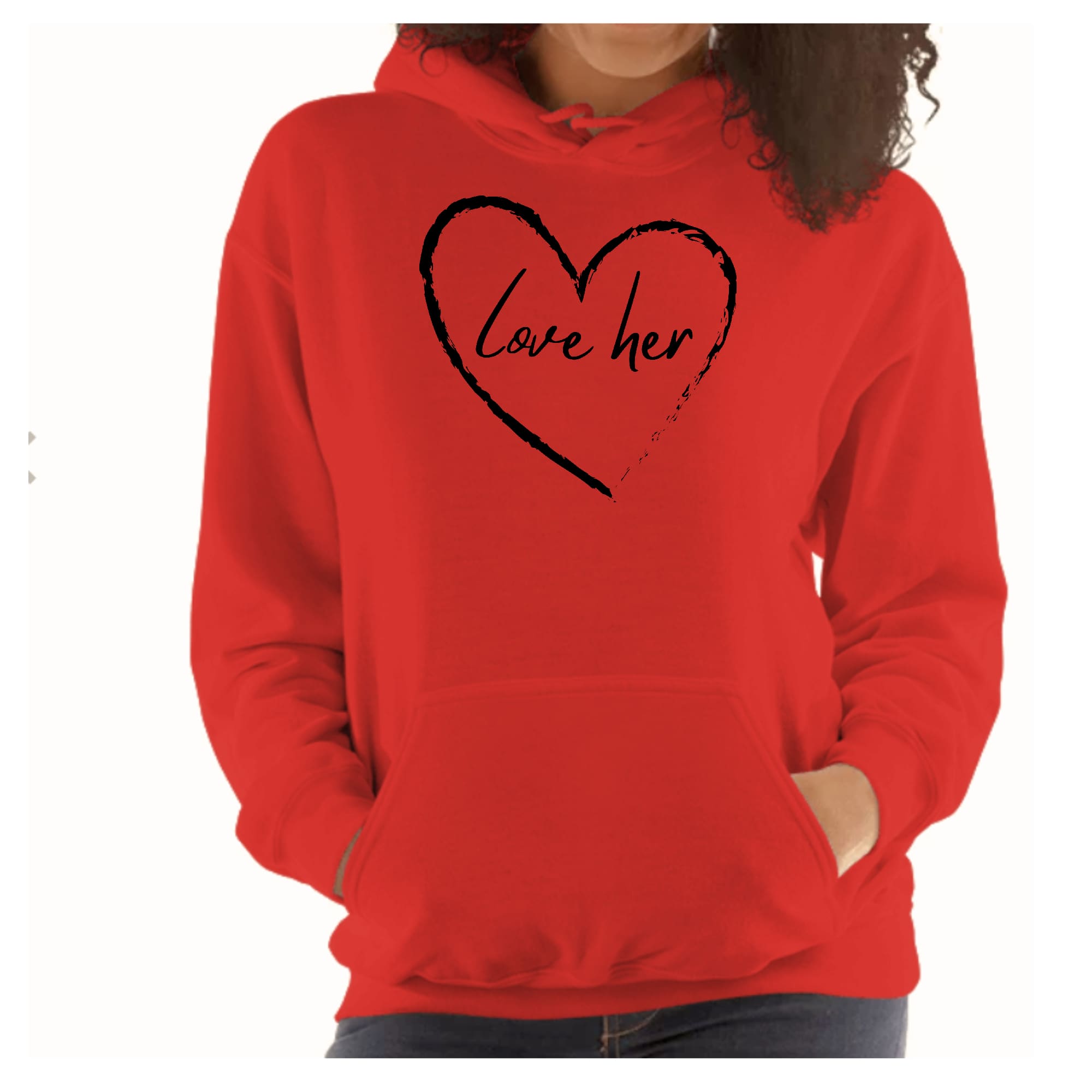 A stylish unisex graphic hoodie in soft fabric featuring the text 'Say it Soul Love Her' with a drawstring neckline.