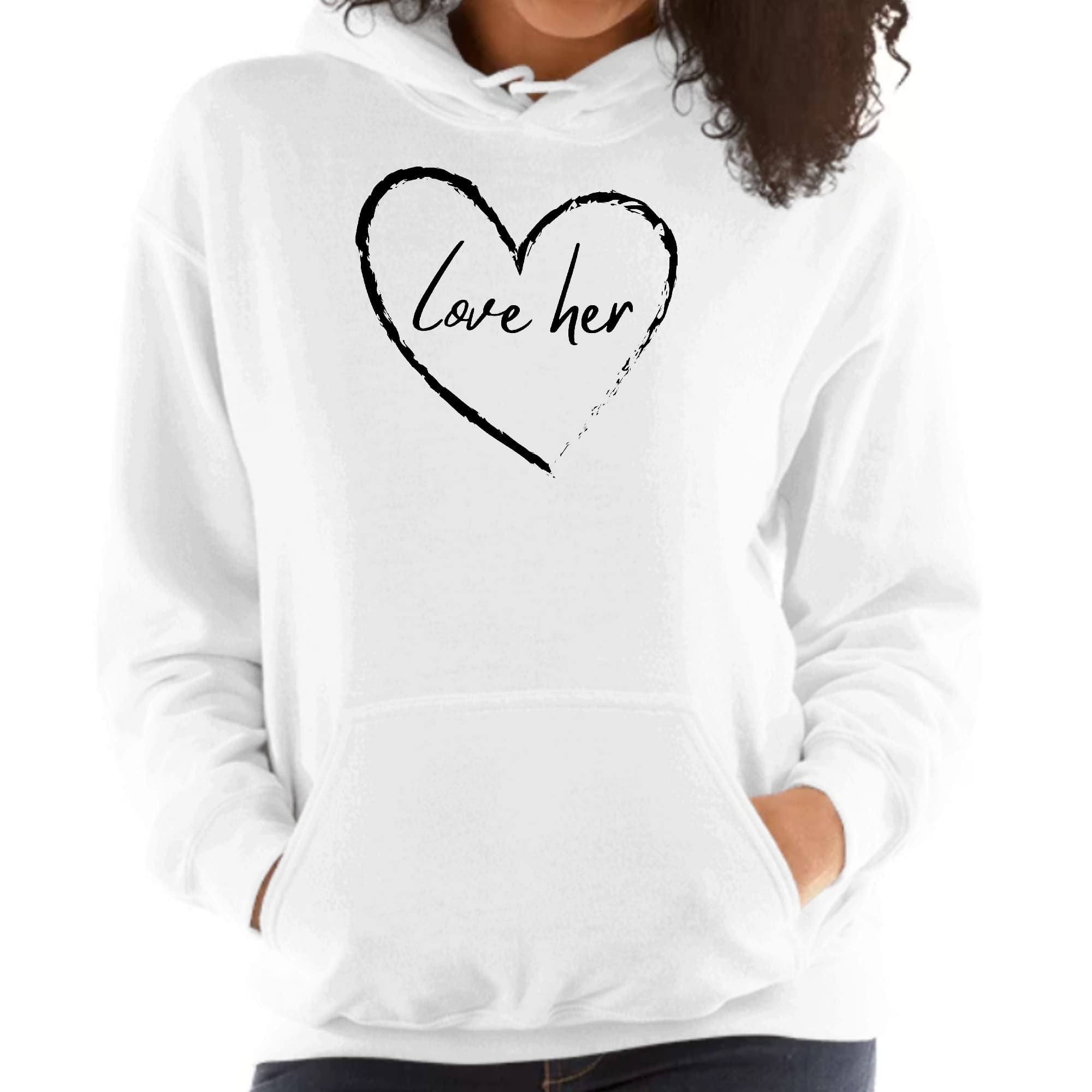 A stylish unisex graphic hoodie in soft fabric featuring the text 'Say it Soul Love Her' with a drawstring neckline.