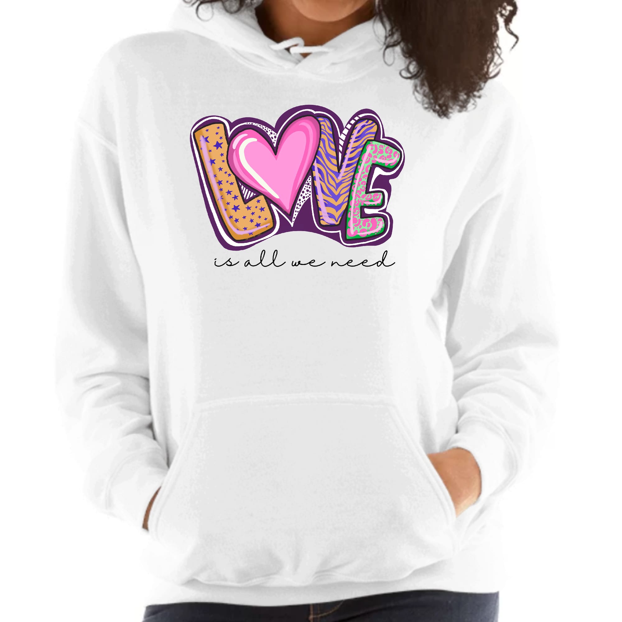 Womens cropped performance hoodie in black with 'Love is All we Need' graphic, featuring a drawstring hood and raw edge hem.