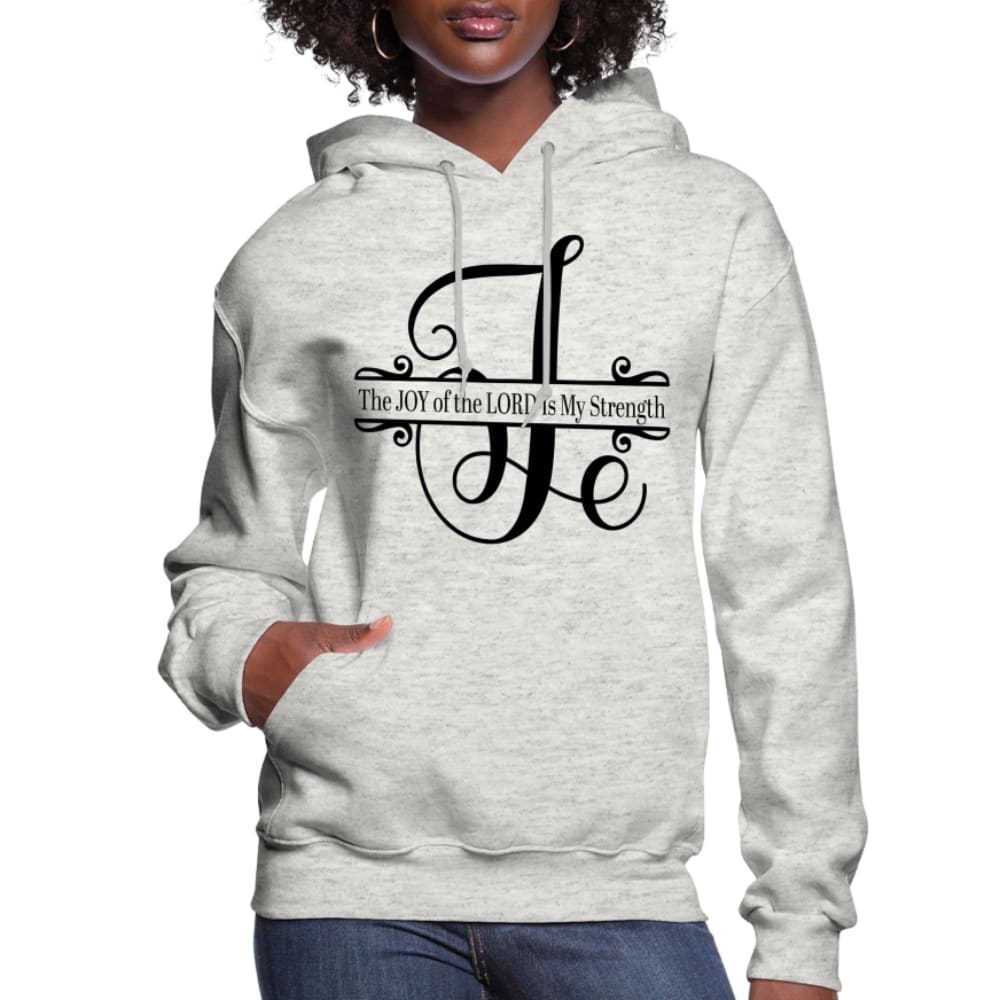 Women's hoodie with 'The Joy of the Lord is my Strength' design, featuring a plush interior and adjustable drawstring hood.