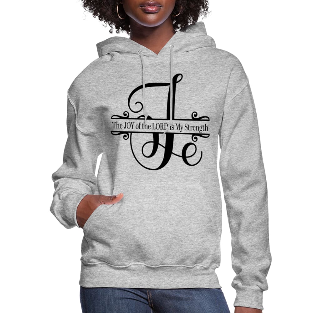 Women's hoodie with 'The Joy of the Lord is my Strength' design, featuring a plush interior and adjustable drawstring hood.