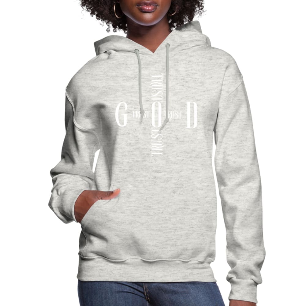 A stylish women's hoodie in a soft fabric featuring a Trust God Cross design, perfect for casual wear.