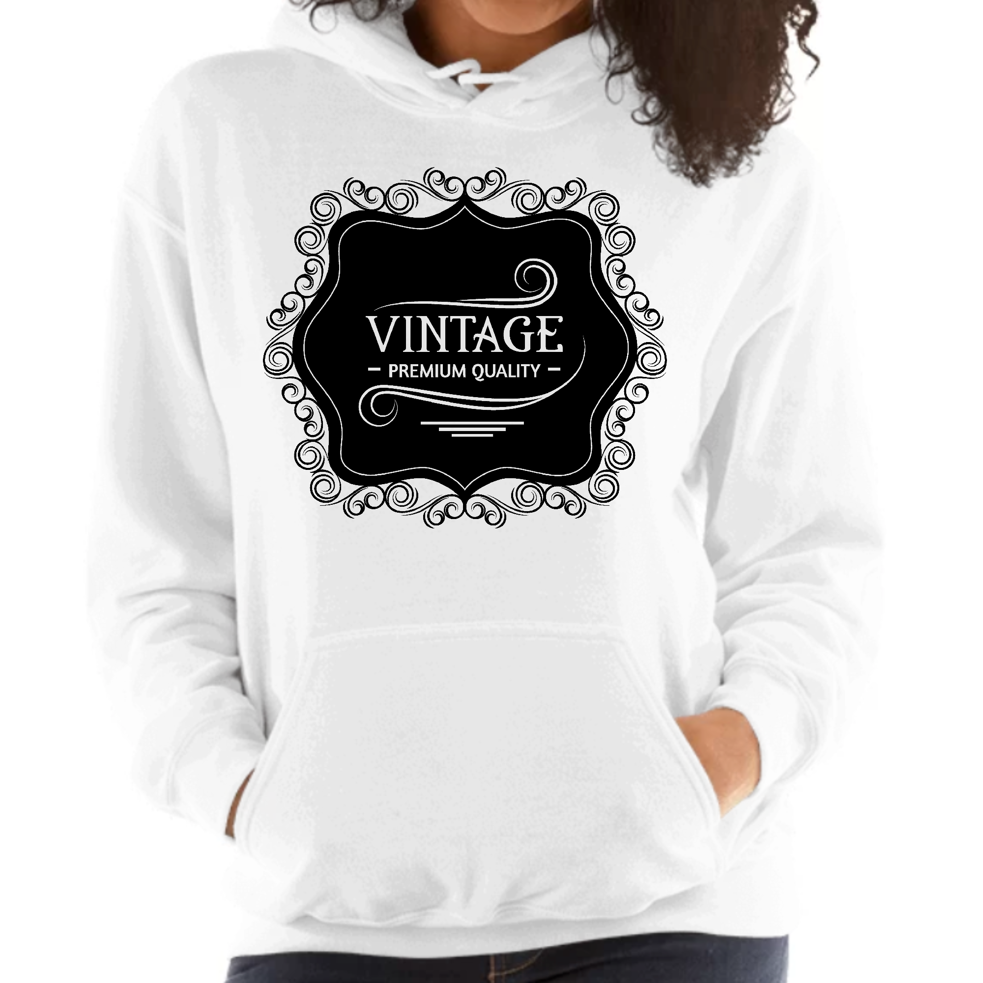 A stylish women's vintage black hoodie featuring a premium quality illustration, perfect for casual wear.