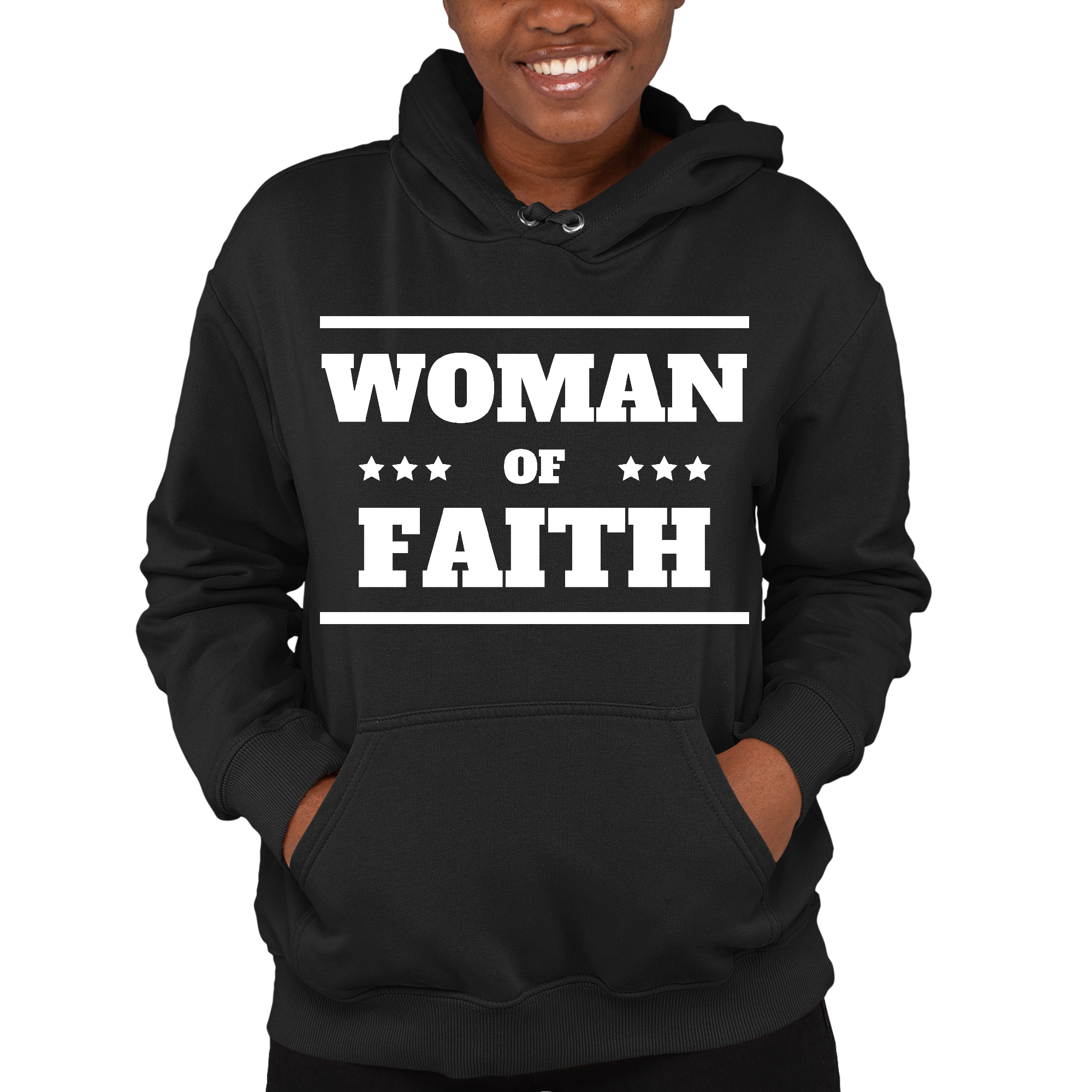 A soft and comfortable Women's Hoodie featuring the inspirational text 'Woman of Faith' on the front, perfect for casual wear.