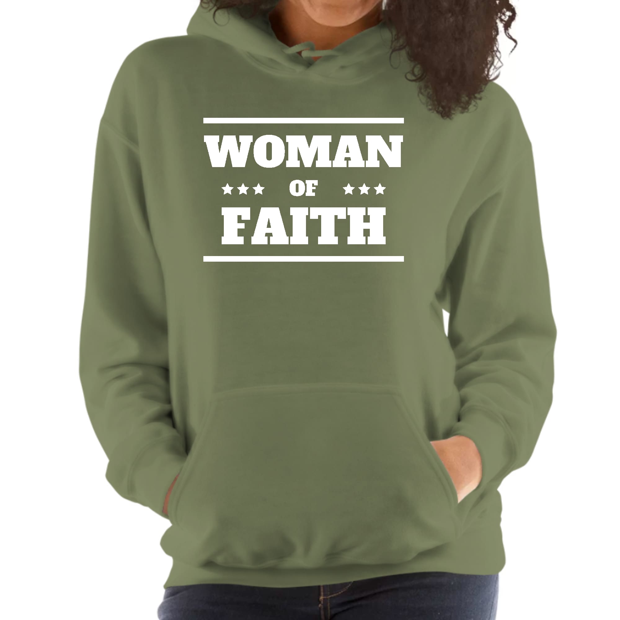 A soft and comfortable Women's Hoodie featuring the inspirational text 'Woman of Faith' on the front, perfect for casual wear.