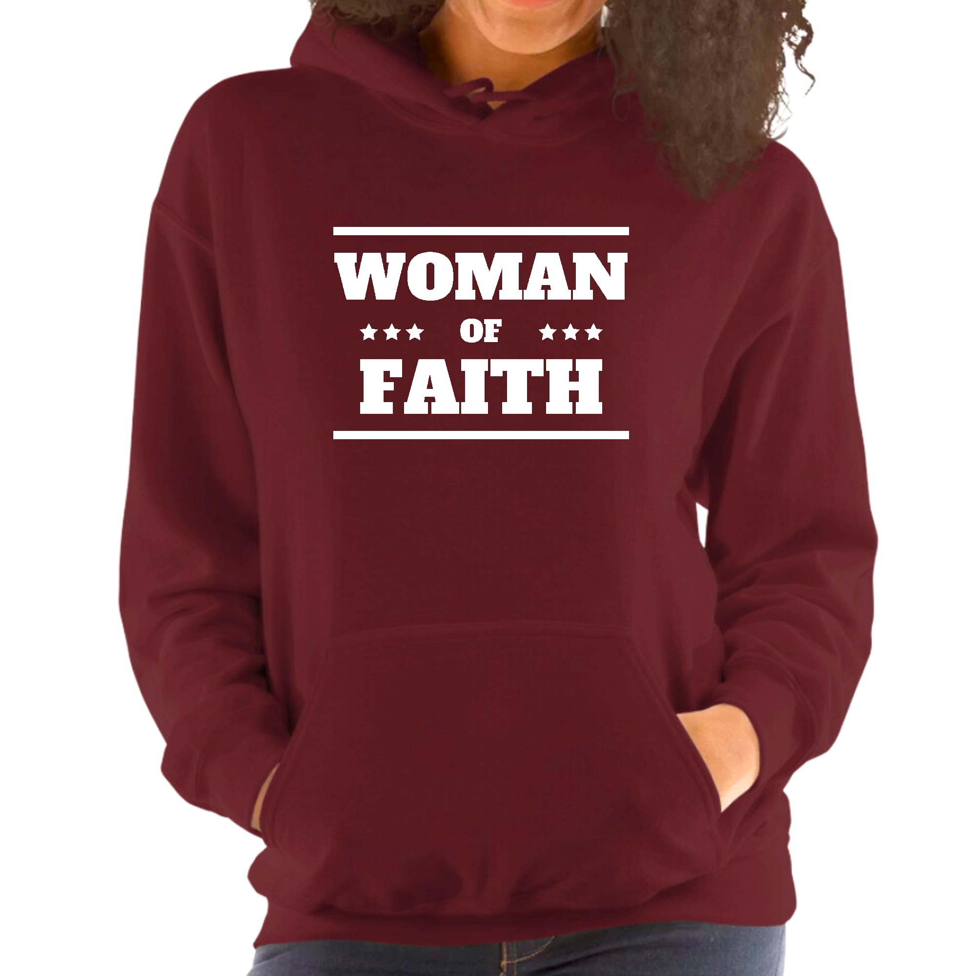 A soft and comfortable Women's Hoodie featuring the inspirational text 'Woman of Faith' on the front, perfect for casual wear.