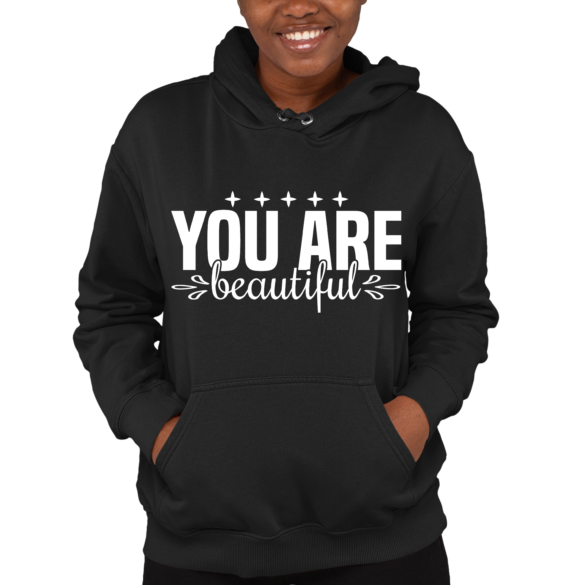 A stylish women's hoodie featuring a graphic affirmation design that reads 'You are Beautiful', showcasing a comfortable fit and drawstring neckline.