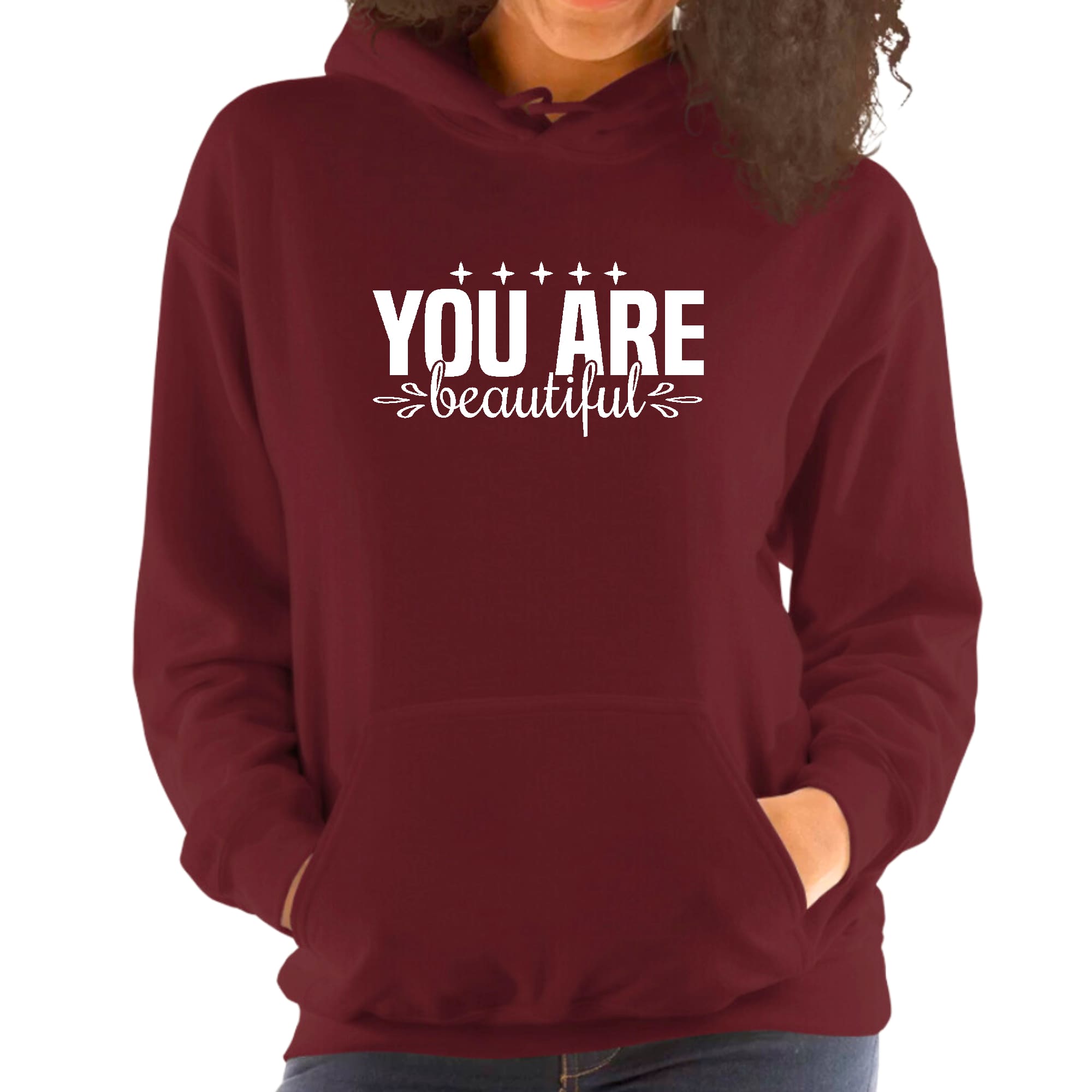 A stylish women's hoodie featuring a graphic affirmation design that reads 'You are Beautiful', showcasing a comfortable fit and drawstring neckline.