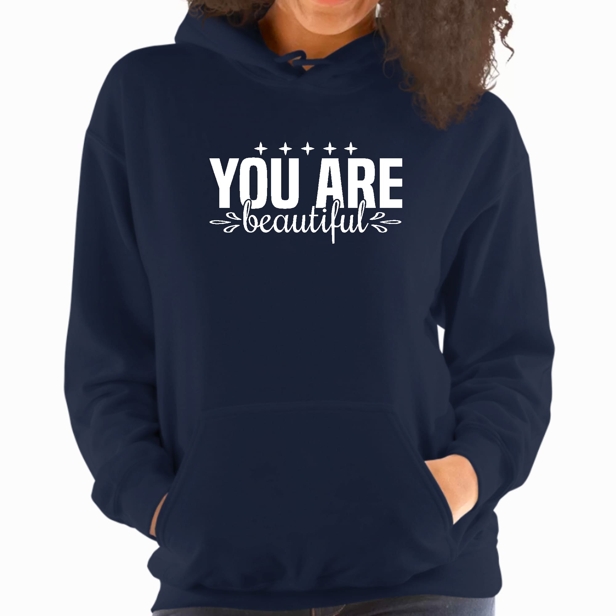 A stylish women's hoodie featuring a graphic affirmation design that reads 'You are Beautiful', showcasing a comfortable fit and drawstring neckline.