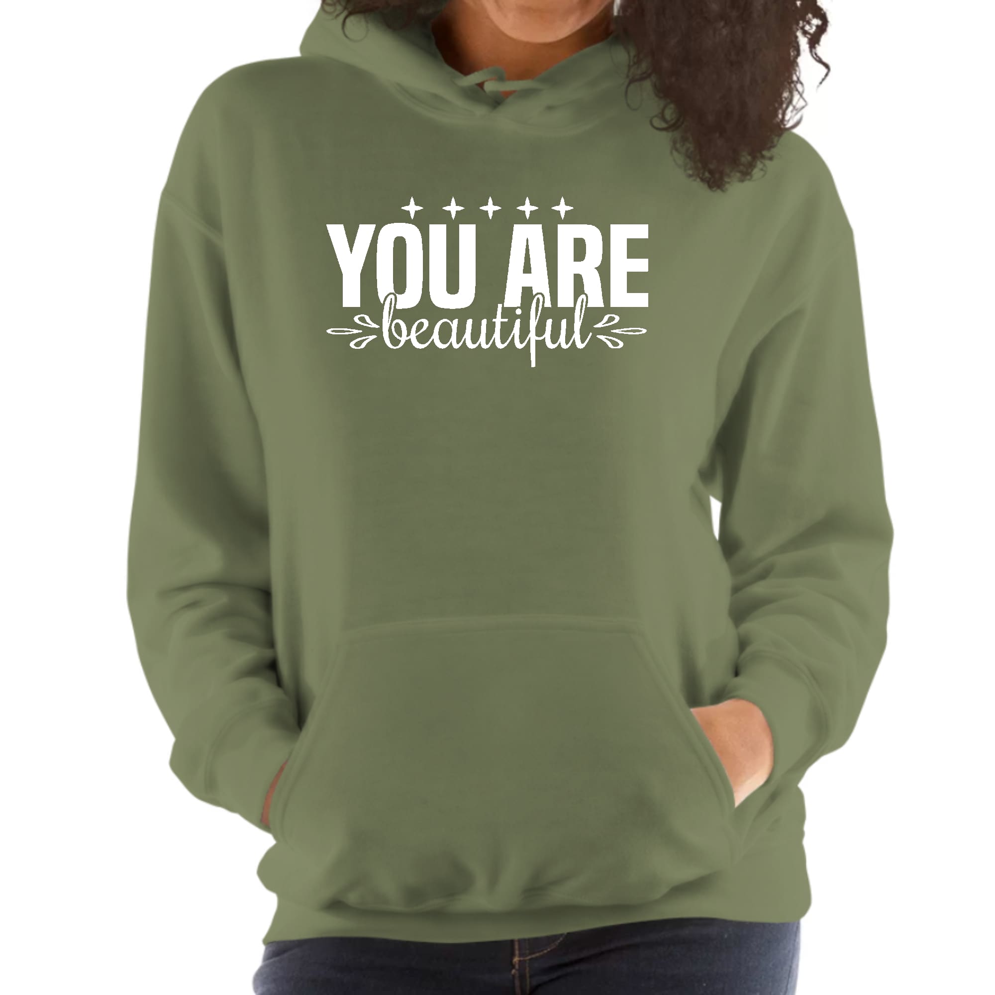 A stylish women's hoodie featuring a graphic affirmation design that reads 'You are Beautiful', showcasing a comfortable fit and drawstring neckline.