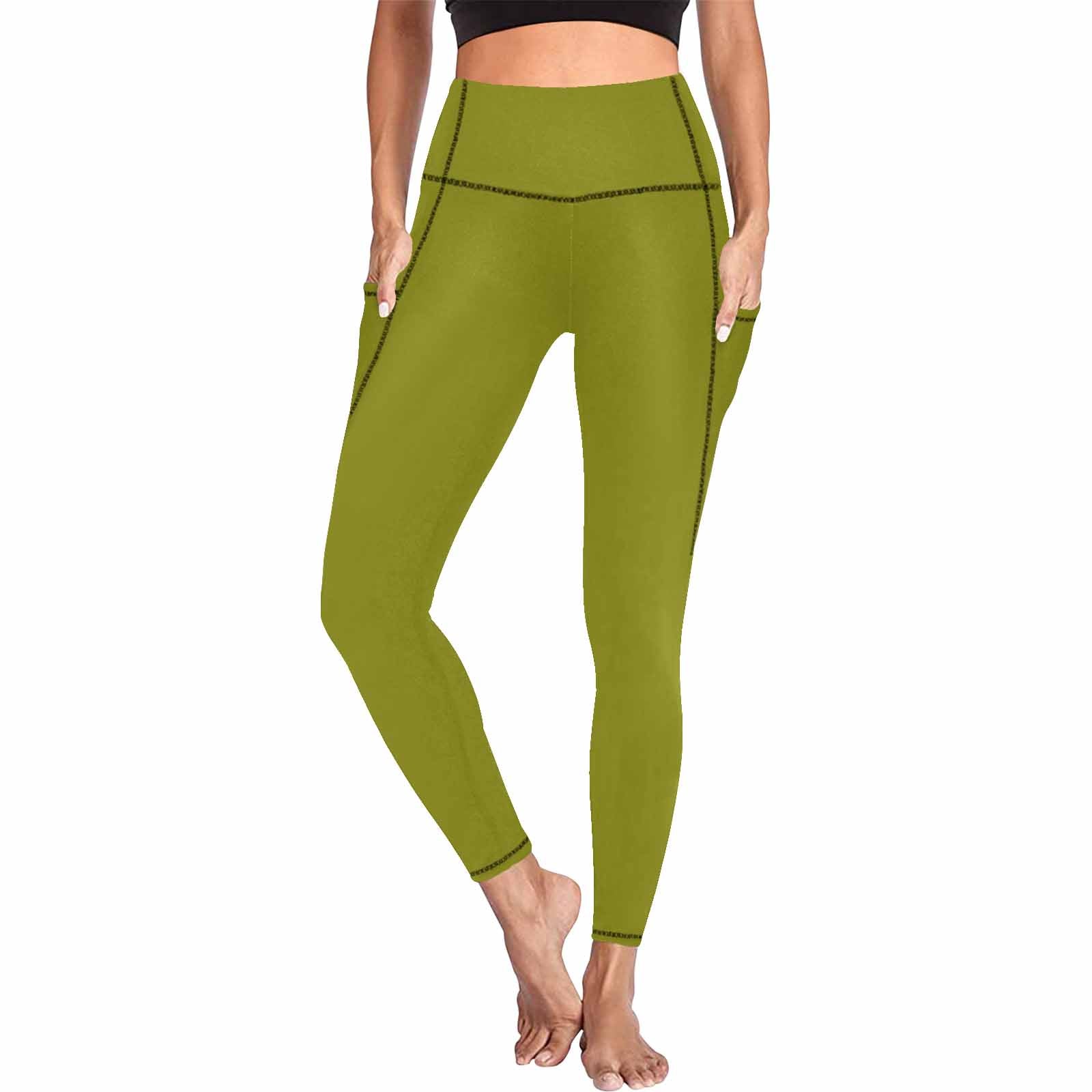 A pair of dark olive green women's leggings with pockets, showcasing a lightweight and stretchy fabric ideal for fitness and casual wear.