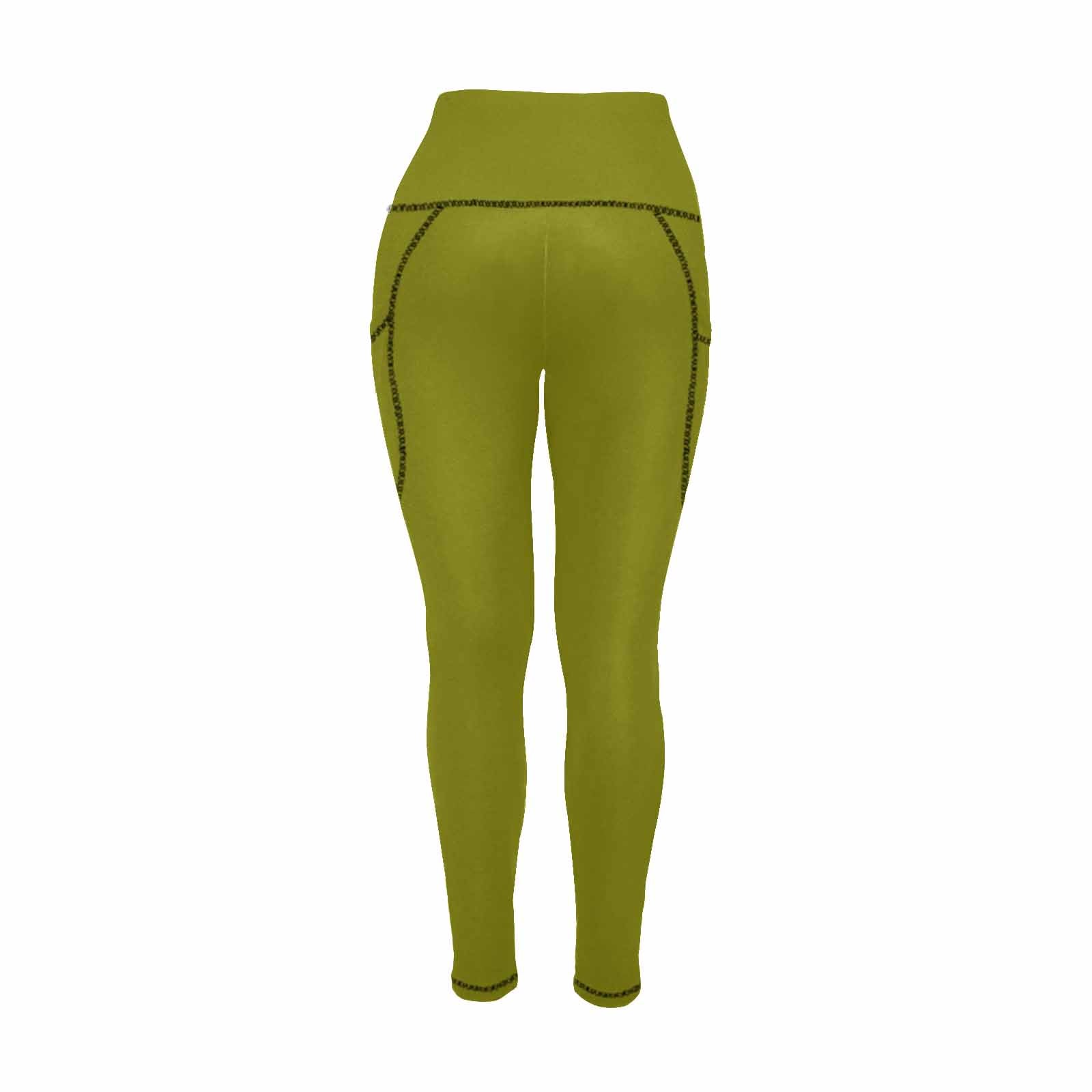 A pair of dark olive green women's leggings with pockets, showcasing a lightweight and stretchy fabric ideal for fitness and casual wear.