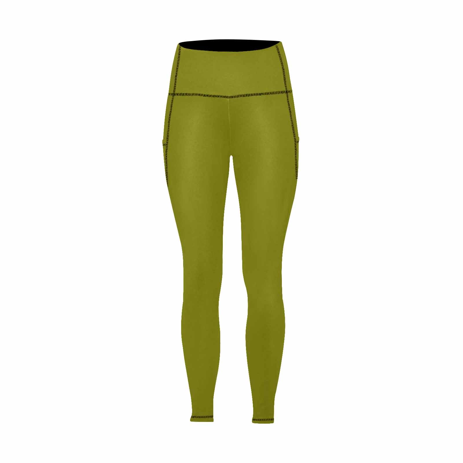 A pair of dark olive green women's leggings with pockets, showcasing a lightweight and stretchy fabric ideal for fitness and casual wear.