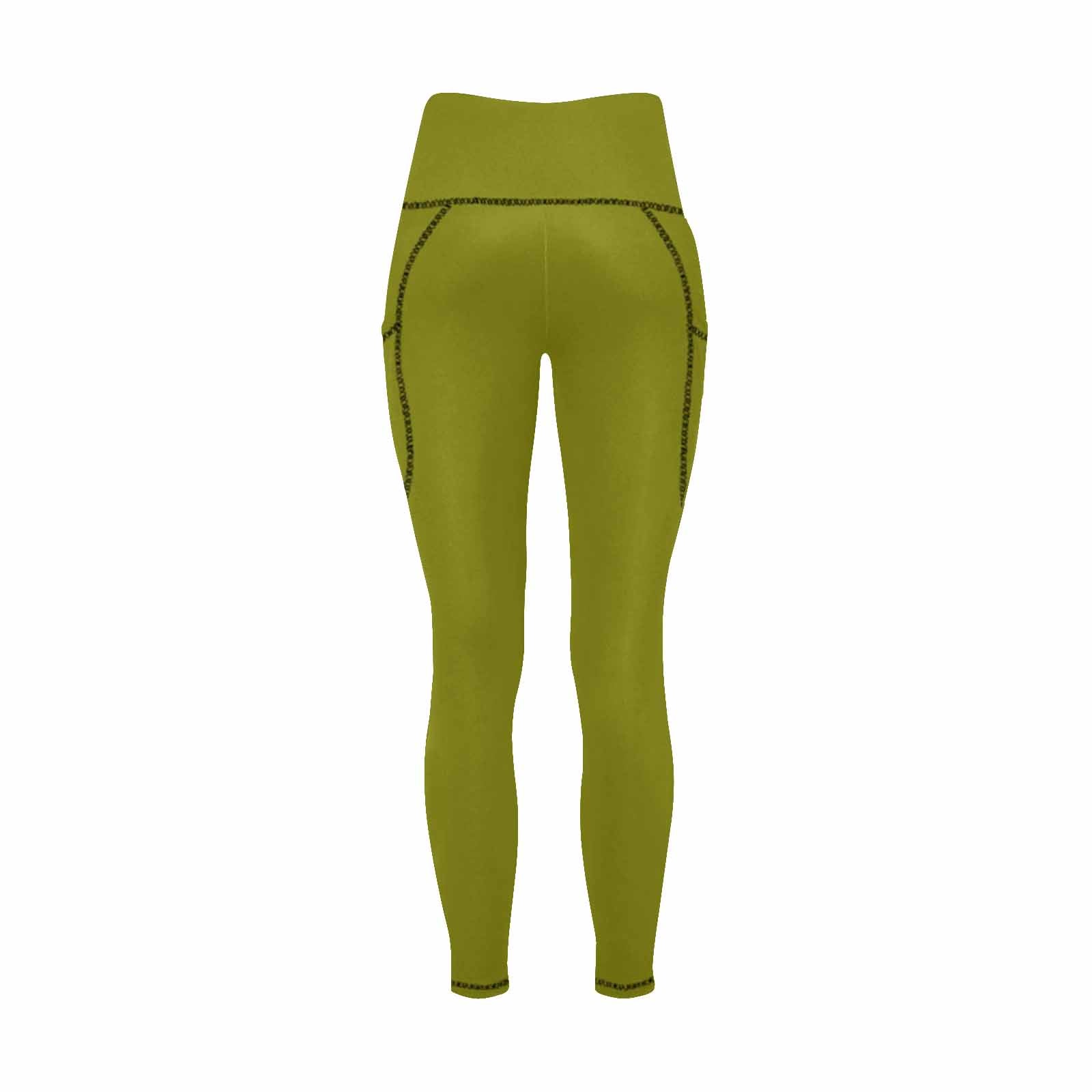 A pair of dark olive green women's leggings with pockets, showcasing a lightweight and stretchy fabric ideal for fitness and casual wear.