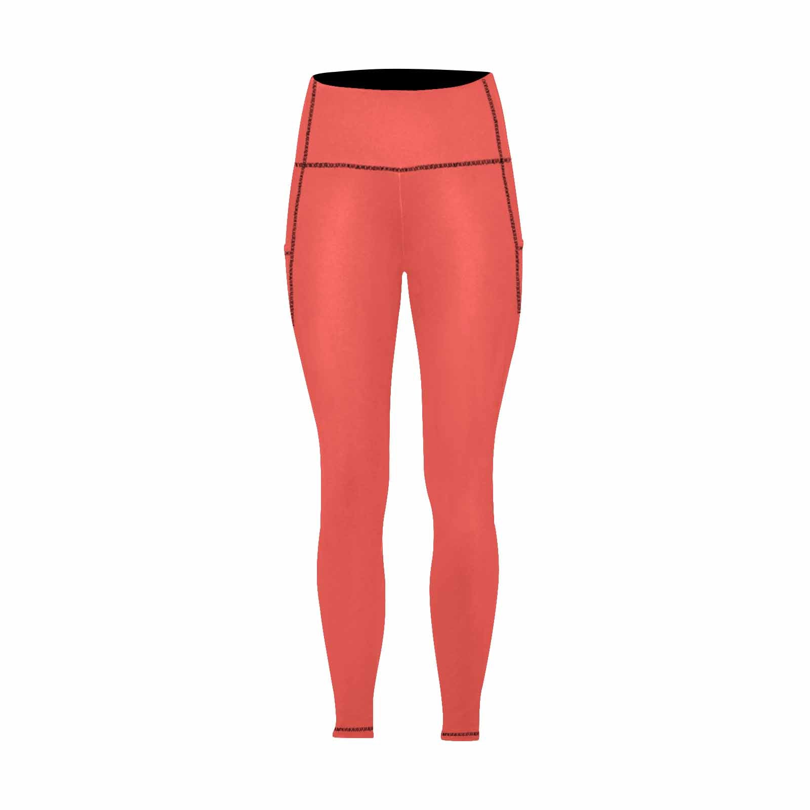 A pair of women's red orange leggings with side pockets, showcasing a stylish and comfortable design for fitness activities.