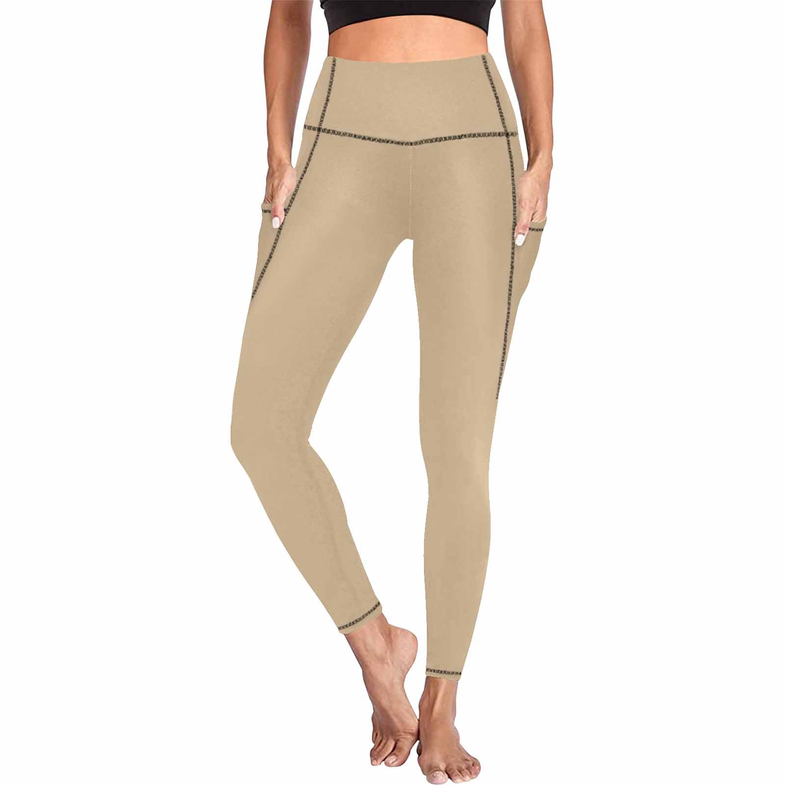 Women's tan brown leggings with pockets, showcasing a stylish and functional design for fitness and casual wear.