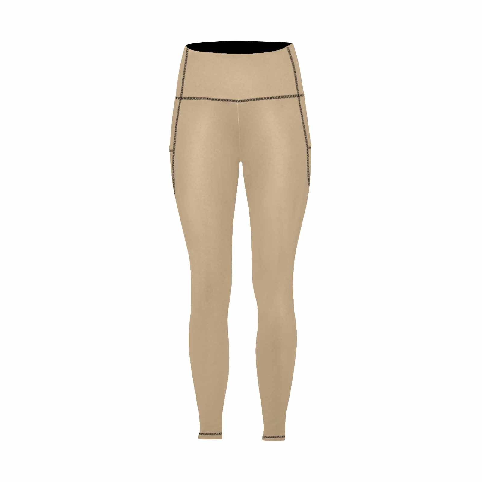 Women's tan brown leggings with pockets, showcasing a stylish and functional design for fitness and casual wear.