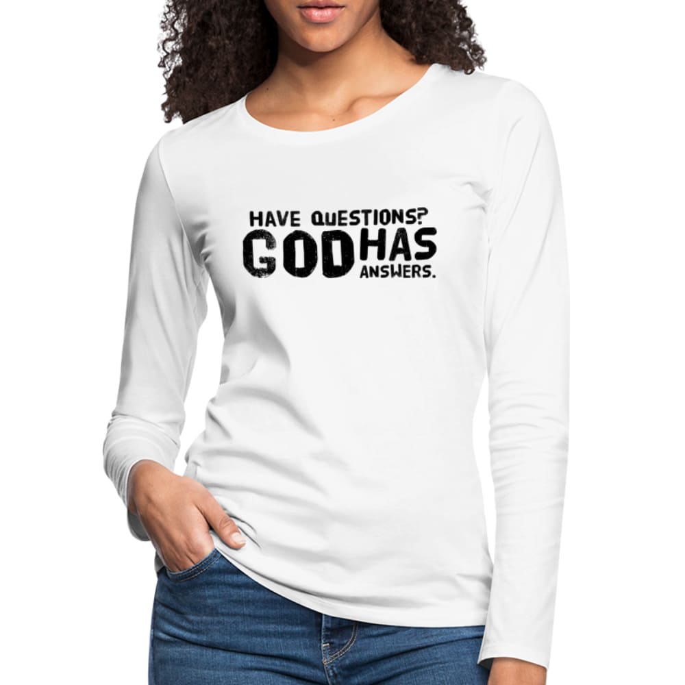 Womens Long Sleeve Graphic Tee with 'God has Answers' graphic, showcasing soft cotton fabric and stylish design.