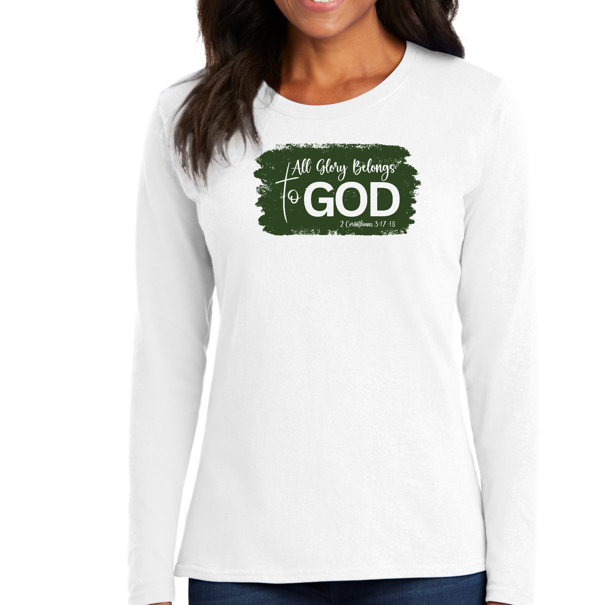 Women's Long Sleeve Graphic T-shirt in dark green featuring 'All Glory Belongs to God' design, made from soft cotton fabric.