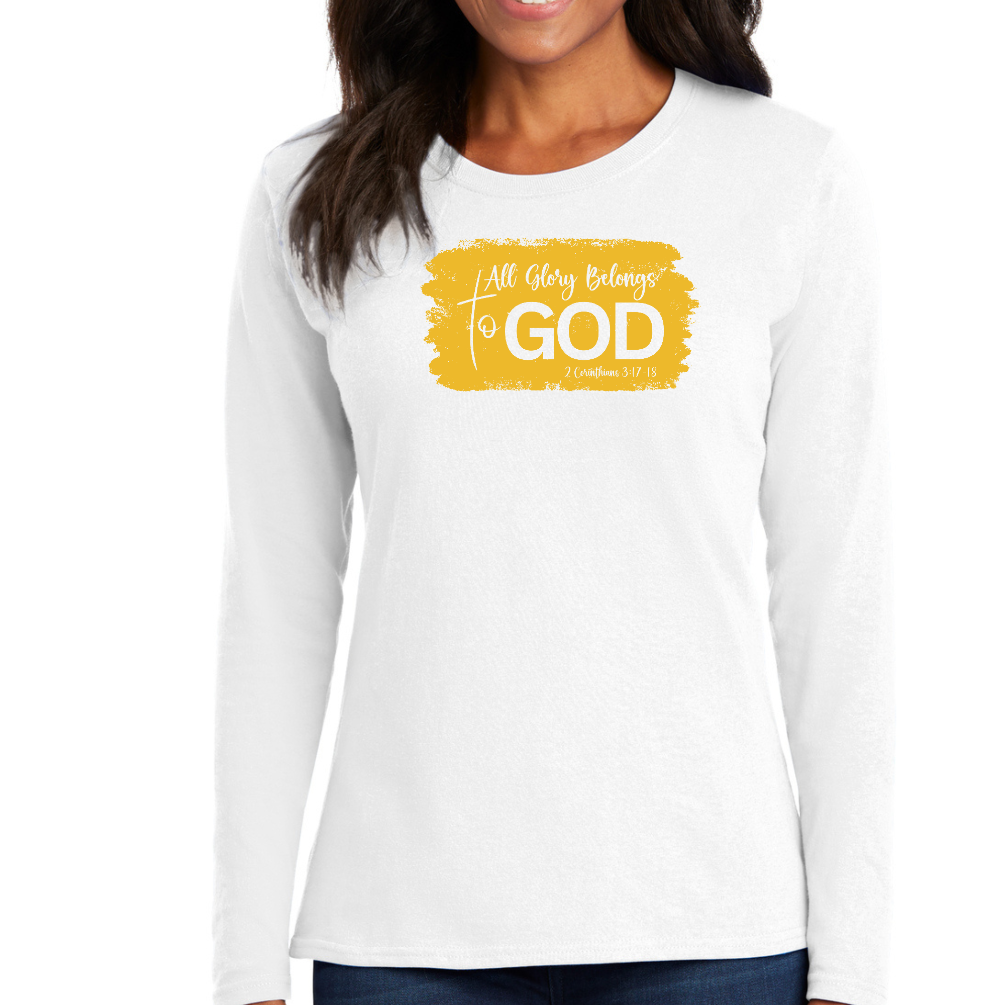 Women's Long Sleeve Graphic T-shirt in golden yellow with 'All Glory Belongs to God' design, showcasing a stylish and comfortable fit.