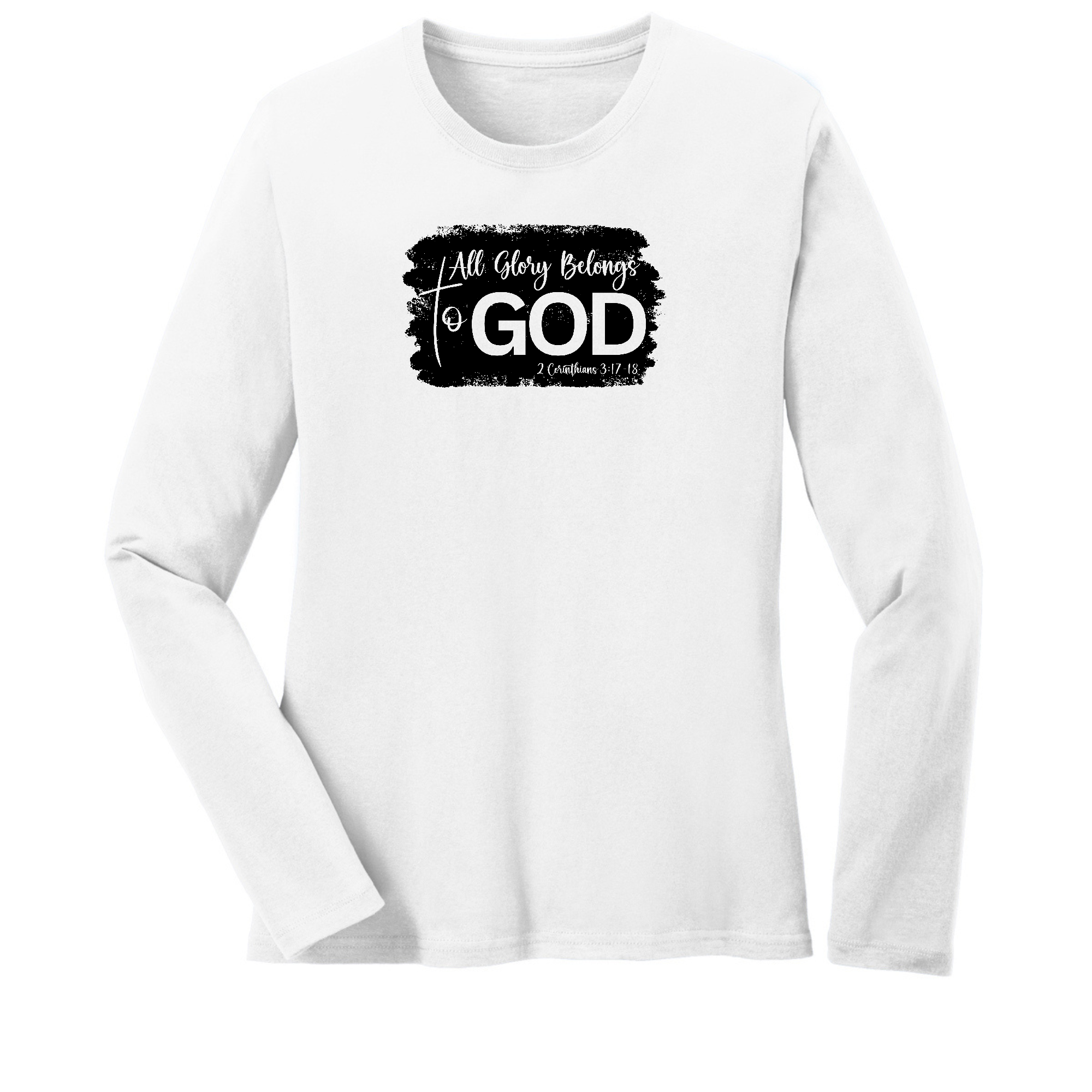 Womens Long Sleeve Graphic T-shirt in black with 'All Glory Belongs to God' print, showcasing a comfortable crewneck design.