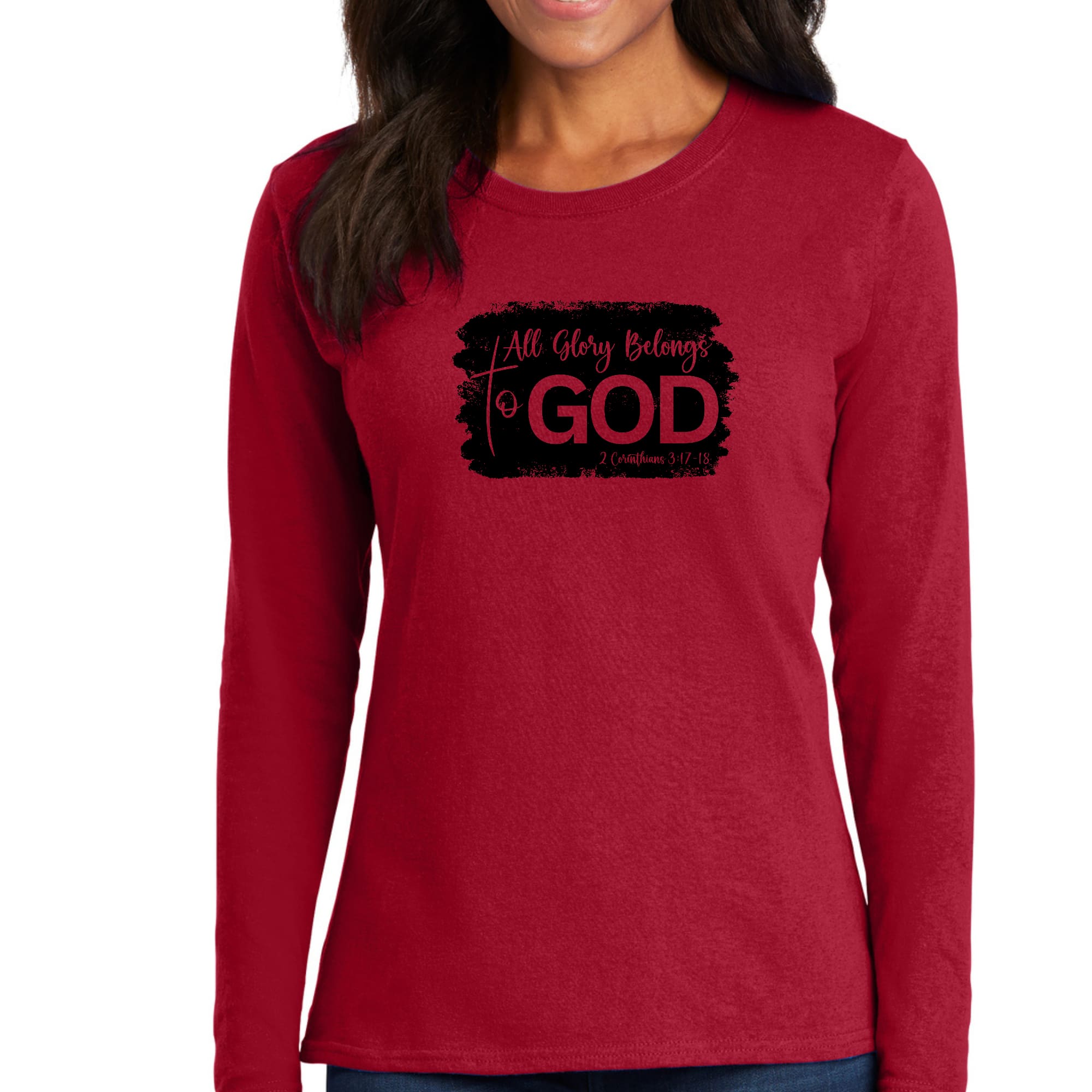 Womens Long Sleeve Graphic T-shirt in black with 'All Glory Belongs to God' print, showcasing a comfortable crewneck design.