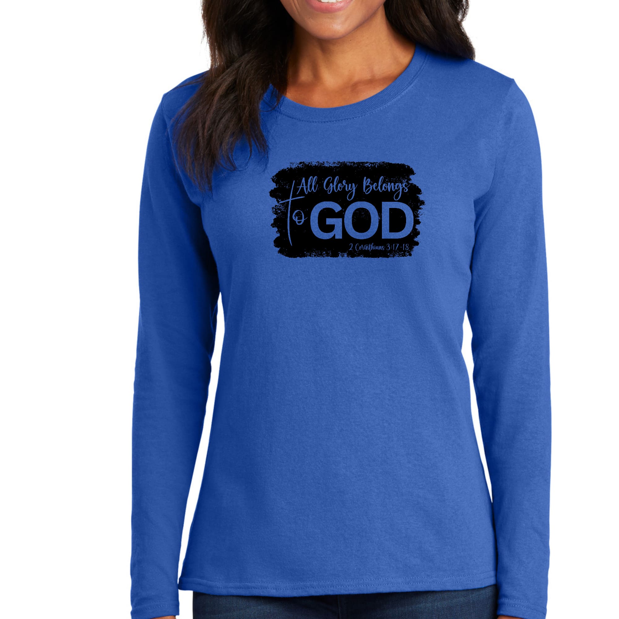 Womens Long Sleeve Graphic T-shirt in black with 'All Glory Belongs to God' print, showcasing a comfortable crewneck design.