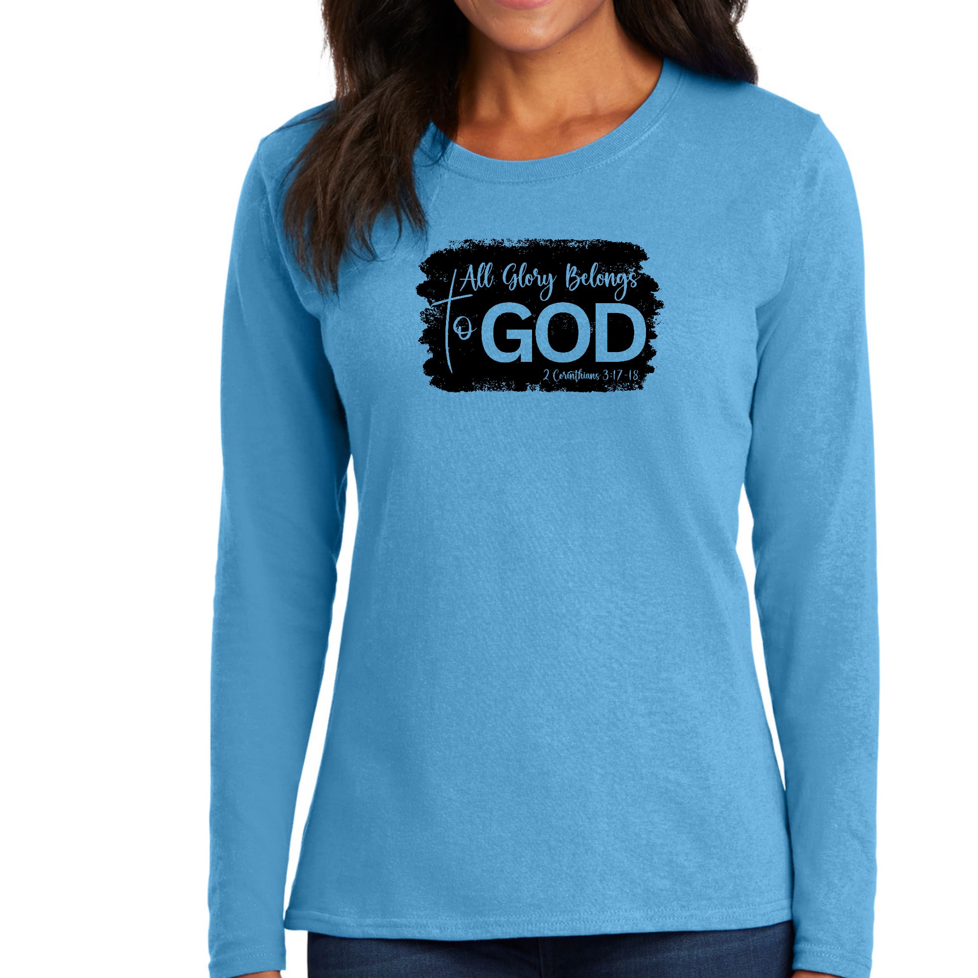 Womens Long Sleeve Graphic T-shirt in black with 'All Glory Belongs to God' print, showcasing a comfortable crewneck design.